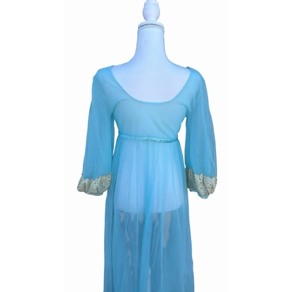 Vintage 1960s Blue Nylon Peignoir Robe With Chantilly Lace Juliette Style
